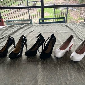 Women’s  heels shiny black size 6 velvet black and white floral size 5&1/2